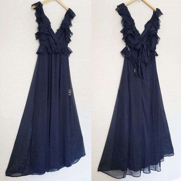 NEW Lulus Navy Blue Ruffled Tie-Back Maxi Dress S Gown Chiffon Fairy Romantic - Picture 15 of 16